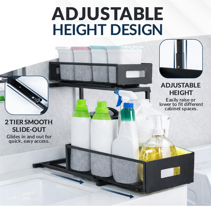 JMGLife Under Sink Organizer Set of 2, Heavy Duty Matte Black Metal Cabinet Organizer with Retractable Shelves, Adjustable Height, Expandable Storage for Kitchen Bathroom and Laundry Room