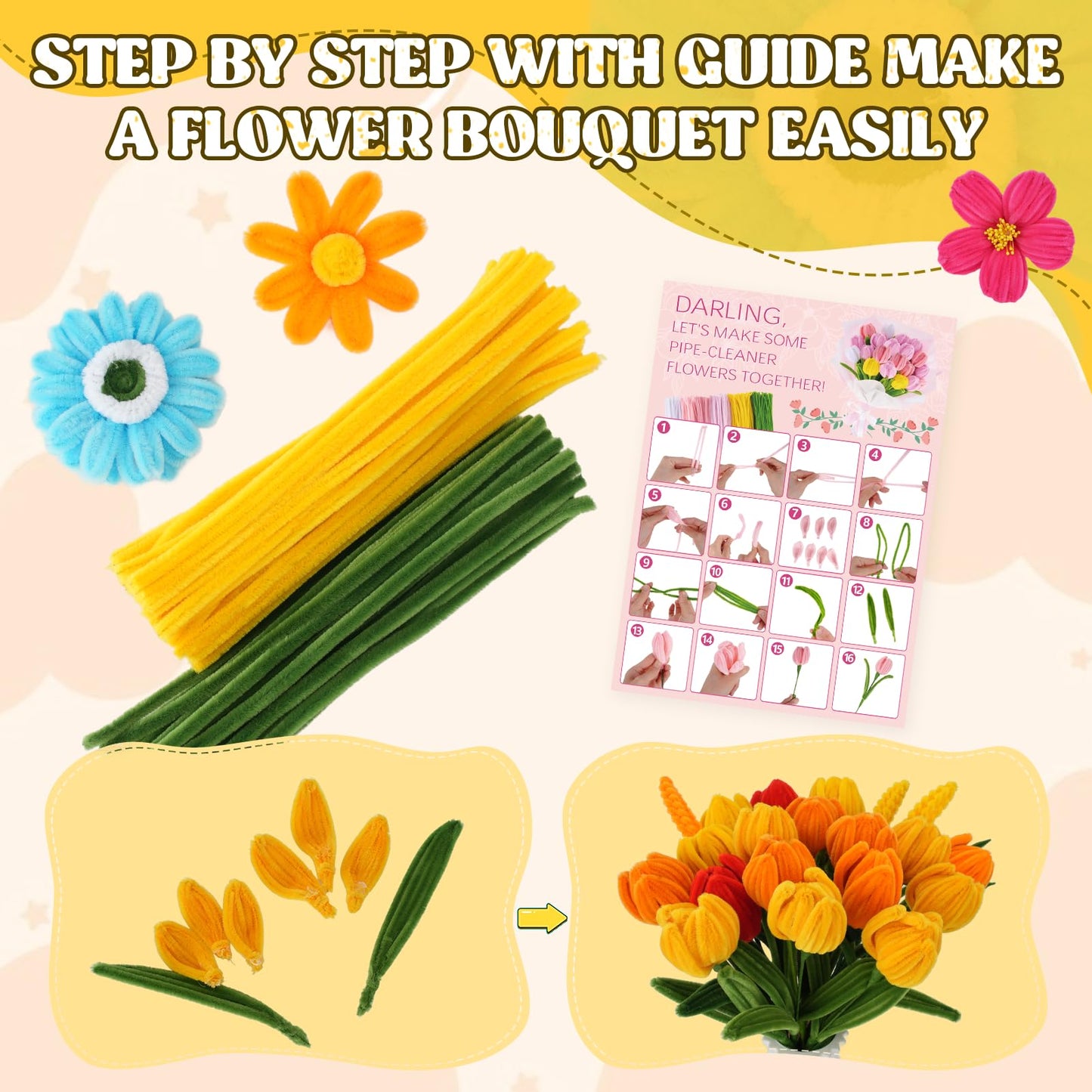 800PCS Pipe Cleaners Flower Kit, Pipe Cleaner Bulk Craft Flower Making Kit with Instruction, 8 Colors Thick Chenille Stems for Arts DIY Craft Supplies with Greeting Card, Floral Wires, Tape, Stamen