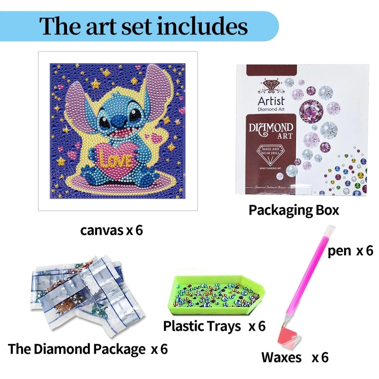 JYLMOOD 6 Packs 5D Diamond Art Kits for Kids Beginners, Full Drill 5D Cartoon Diamond Painting Kits for Adults, DIY Big Gem Art Paintings Kits for Kids Ages 8-12, Home Wall Decor 6x6 Inch