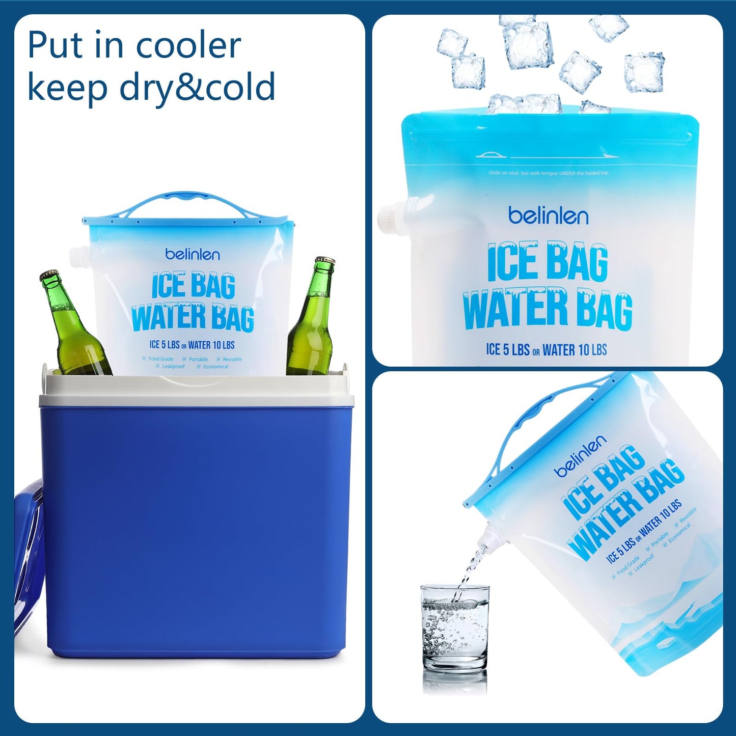 Belinlen 6 Pack Reusable Ice Bags for Cooler 5lb Cooler Ice Cube Bag with Sealed Sliding Handle, Long Lasting Cold Dry Freezer Packs Leakproof Ice Bag for Camping, Hiking, Fishing and Drinks(11 x 14)
