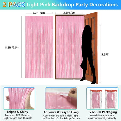 Skiennix Pastel Pink Birthday Party Backdrop - Foil Fringe Curtain 3.3x8.2ft | 2 Pack Streamers for Baby Showers & Bachelorette Celebrations