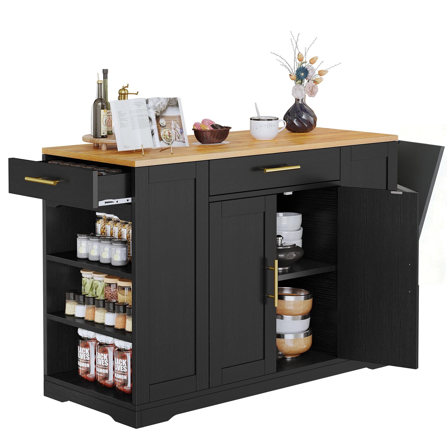YITAHOME 53 Inch Large Rolling Kitchen Island with Trash Can Storage Cabinet, Portable Mobile Islands Table Long Floating Movable w Wheels Cabinet for 13 Gallon Garbage Bin 2 Drawer, Black
