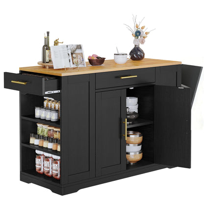 YITAHOME 53 Inch Large Rolling Kitchen Island with Trash Can Storage Cabinet, Portable Mobile Islands Table Long Floating Movable w Wheels Cabinet for 13 Gallon Garbage Bin 2 Drawer, Black