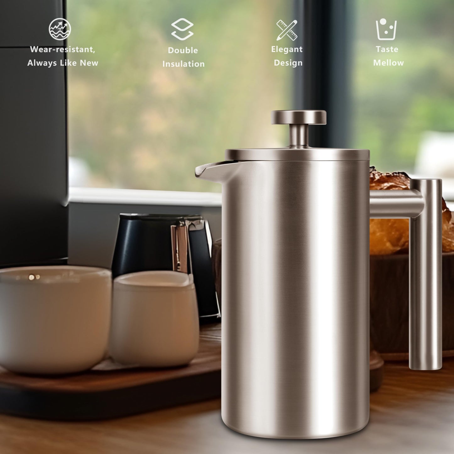 SZHETEFU French Press 34 OZ, Durable Stainless Steel French Press Coffee Maker, Double-Wall Insulated Coffee Presses for Travel Camping Tea, Easy to Use, Dishwasher Safe (Silver Matte)