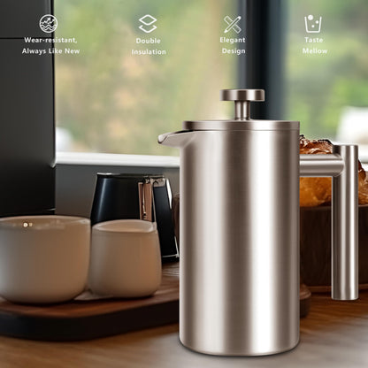 SZHETEFU French Press 34 OZ, Durable Stainless Steel French Press Coffee Maker, Double-Wall Insulated Coffee Presses for Travel Camping Tea, Easy to Use, Dishwasher Safe (Silver Matte)