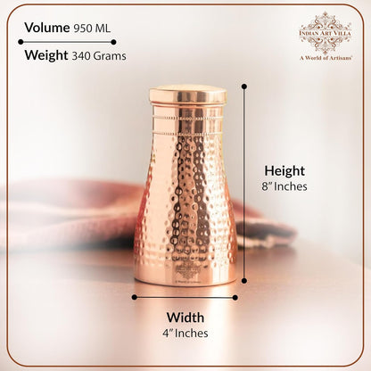 Indian Art Villa Pure Copper Bedroom Water Bottle with Inbuilt Glass & Hammered Shine Design, 32 Oz
