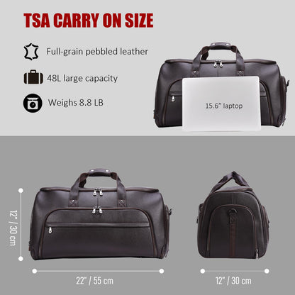STAR VISTA Voyager-03 Luxury Convertible Garment Duffel Bag, Full Grain Pebbled Leather, Premium Canvas Lining, 22x12x12 Inch Carry-On, with Backpack Mode, Shoe Compartment