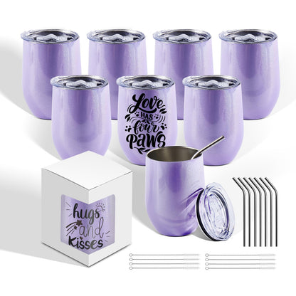 BetterSub 8 Pack 12oz Glitter Purple Wine Tumblers - Double Wall Insulated Sublimation Blanks, Stainless Steel Cups With Lid, Glitte,Metal Straw, Brush, Display Box (Glitter Purple)