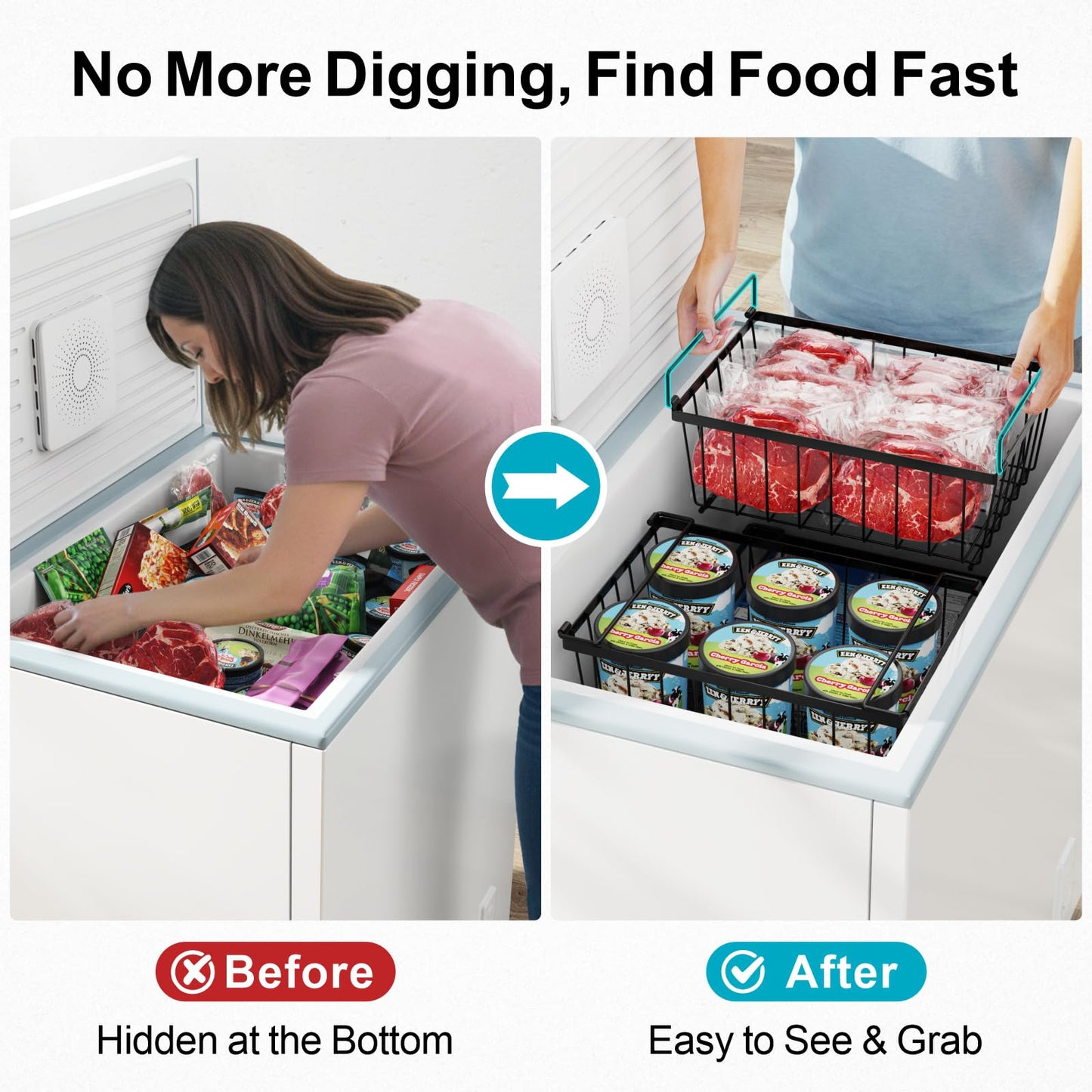 iSPECLE Freezer Organizer Bins - 4 Pack Stackable Deep Freezer Organizer Bins for 5 Cu.Ft Chest Freezer Sort Frozen Food, Heavy Duty Metal Storage Bins with Handles, Easy Access without Digging