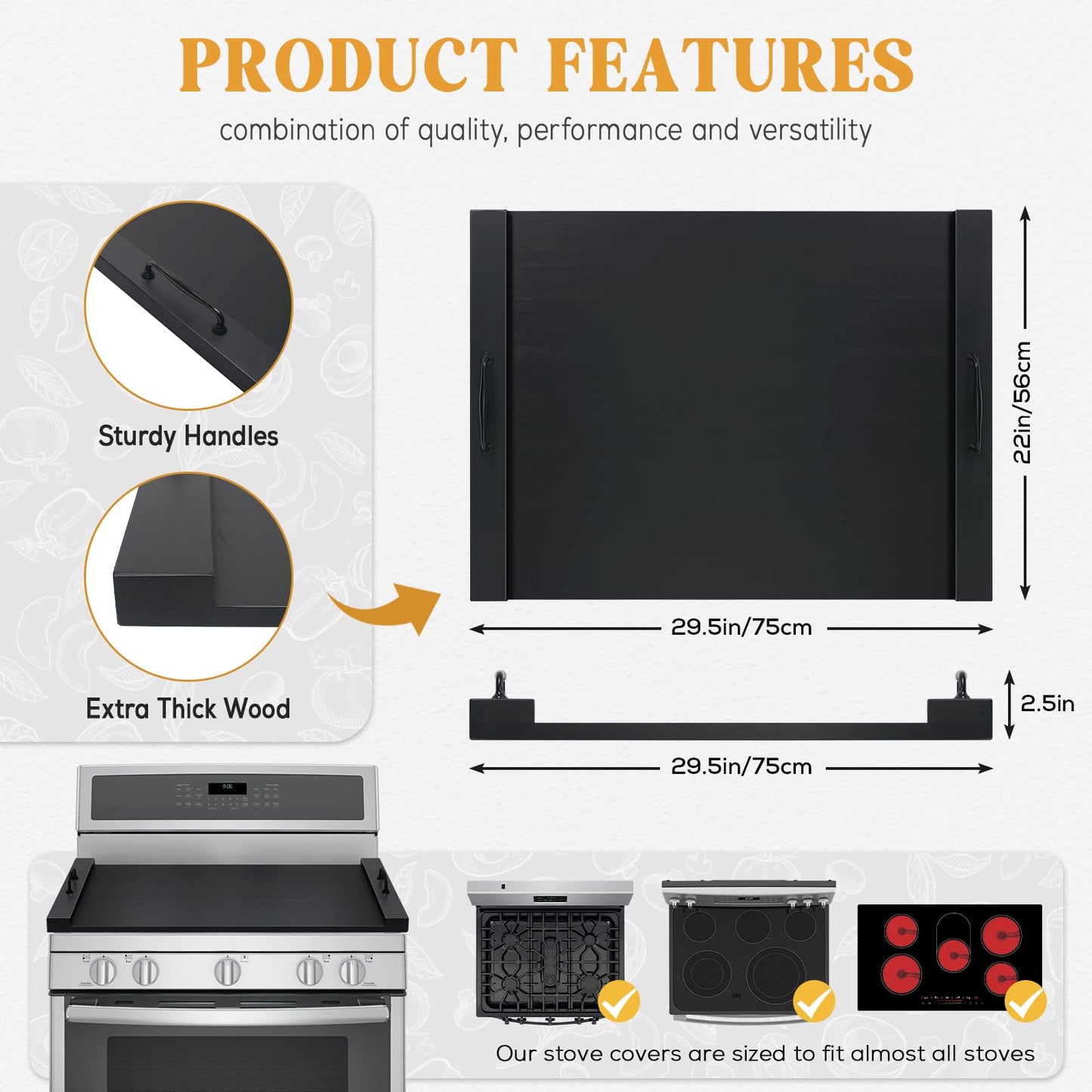 GASHELL Noodle Board Stove Cover with Handles, Multiple Stove Top Cover Board for Electric/Gas Stove Top(Black), GSC-2212