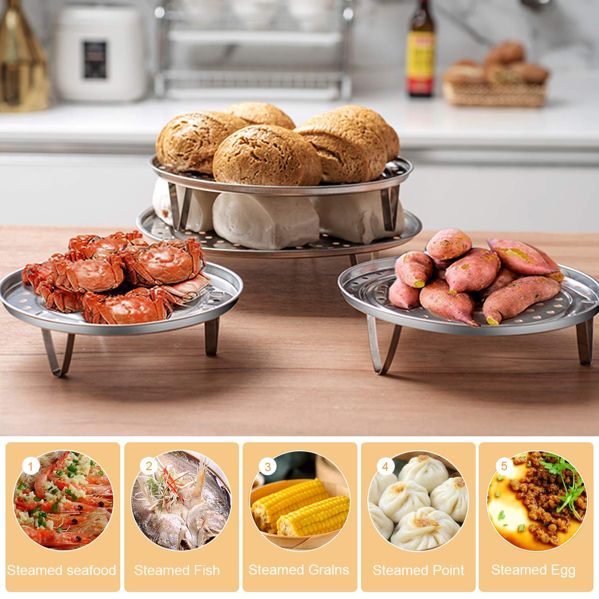 5 Pack Stainless Steel Cooking Steamer Rack with Detachable Legs for Baking Cooking, Steaming (7" 8" 8.8" 9.5" 10.2'')
