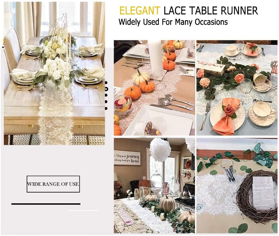 ShinyBeauty 30x120-Inch White Lace Table Runner, Vintage Lace Table Cover, Rustic Floral Embroidered Table Linen