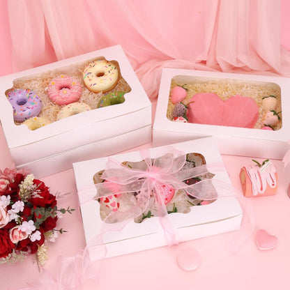 TOMNK 80pcs Cookie Boxes with Window, 12x8x2.5 Inches 4 Style Bakery Boxes, Large White Treat Containers for Chocolate Strawberries, Cakes, Donuts, Muffins and Pastries
