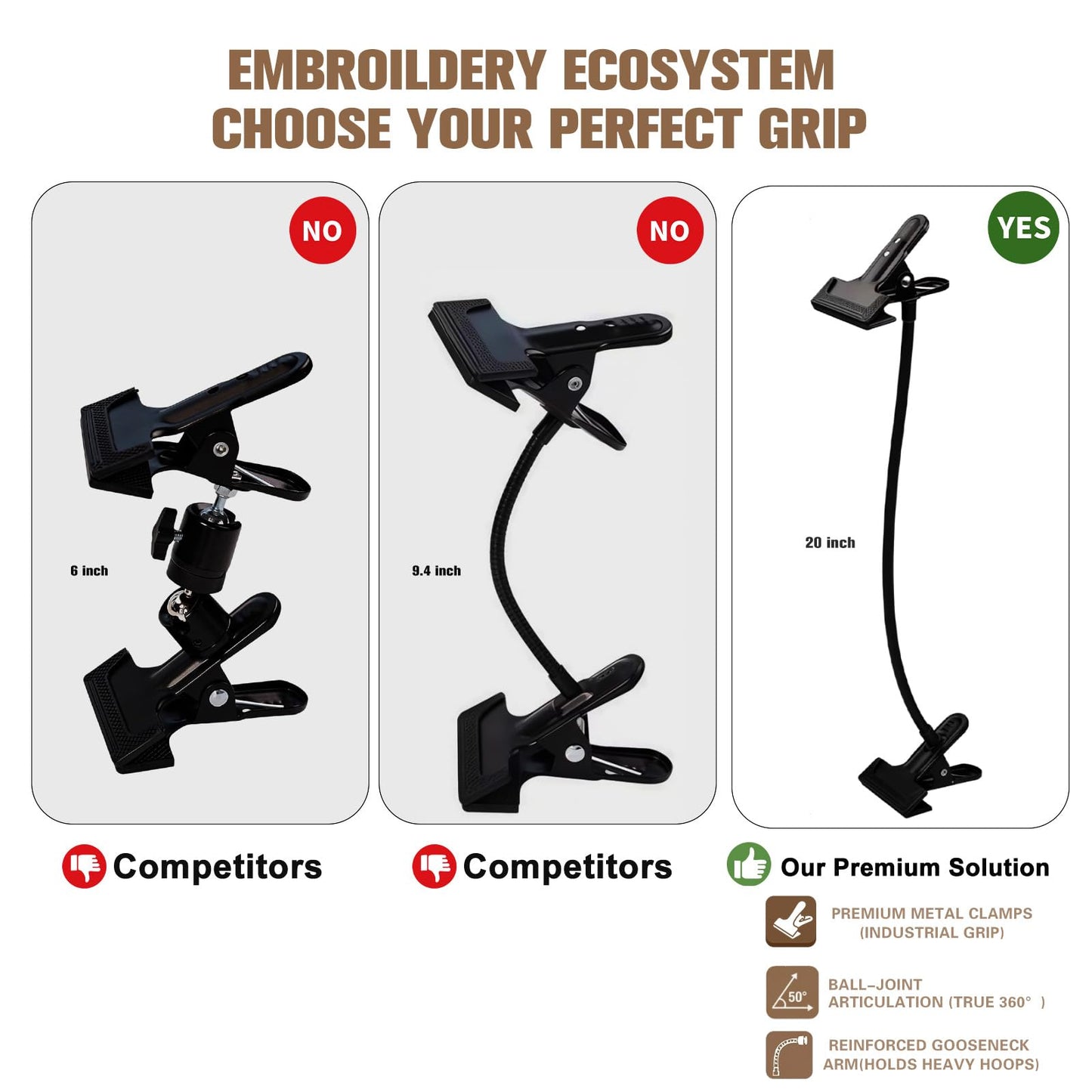 Adjustable Embroidery Hoop Stand Holder, 20" Extra Long Portable Gooseneck Embroidery Stand, Heavy Duty Cross Stitch Table Clamp for DIY Needlework Art Craft Sewing Projects
