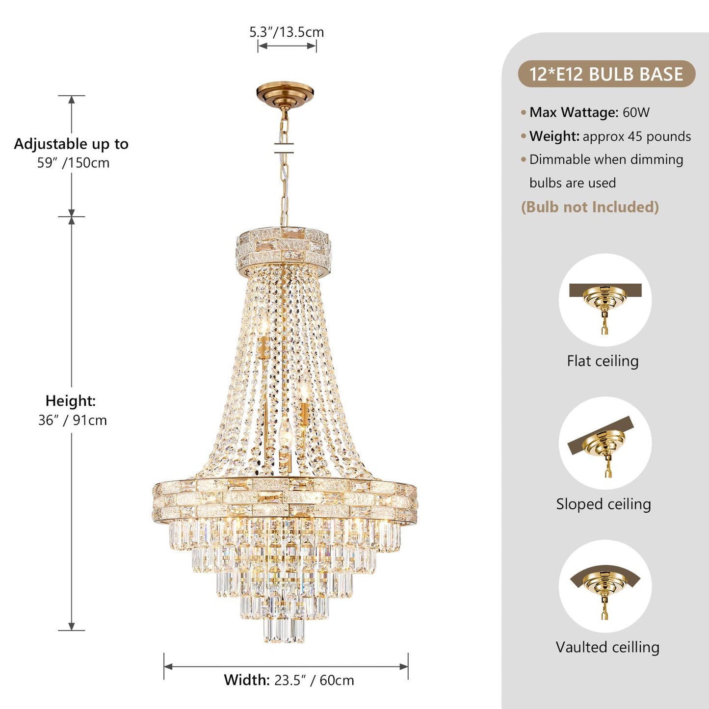 SHAOCHIAO 12-Light Gold Crystal Chandeliers,Empire Chandelier Light Fixture Modern High Ceiling Hanging Chandelier for Entryway,Foyer,Staircase,Hallway,Living Room(H36 x D23.2)