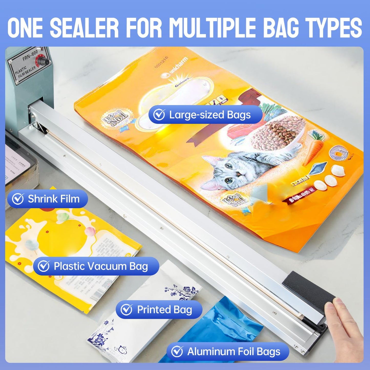 R-PACK Impulse Heat Sealer with Seal bar, Heavy-Duty Bag Sealing & Cutting Machine, 4 Extra Replacements (white, 24inch)