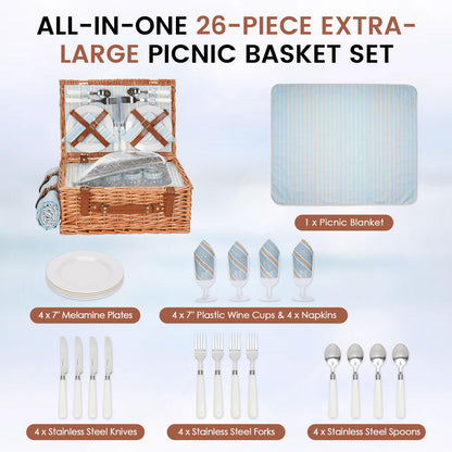 HappyPicnic Wicker Picnic Basket Set for 4 Persons | Large Willow Hamper with Large Insulated Cooler Compartment, Waterproof Blanket and Cutlery Service Kit-Classical Brown