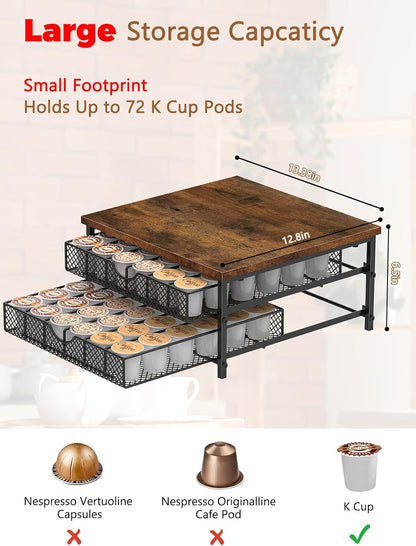 MOOACE Coffee Pod Holder for K Cup - 2 Tier Drawer Holder with Sliding Baskets, 72 Capacity Pods Organizer for Coffee