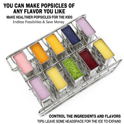Popsicle Molds Set 10 Pieces Stainless Steel Popsicle Maker, Homemade Popsicle Molds with 100 Sticks, 20 Bags, 22 Silicone Seals, 1 Cleaning Brush & 1 Stand, Ice Pop Mold Maker for Kids (Square)
