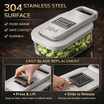 All-in-One Food Chopper & Mandoline Slicer, 9-in-1 Vegetable Chopper with Interchangeable Stainless Steel Blades, BPA-Free Manual Onion Dicer, Julienne & Grater with Container