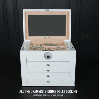 SYENS White Wood Jewelry Box, Large Size, Fingerprint Unlock, Seven Level Jewelry Organizer with Necklace Hanger and Mirror, High Gloss Lacquer Finish (5L-WT)