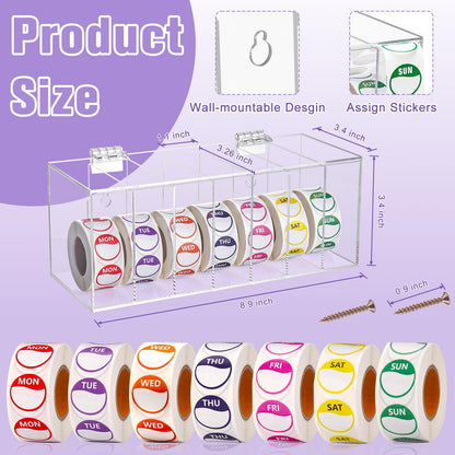 3500 PCS 7 Days of The Week Stickers 0.79 Inch Sticker Roll Dispenser Holder Acrylic Day Dot Dispenser Food Date Labels Stickers Monday to Sunday for Kitchen Restaurant Expiration Date