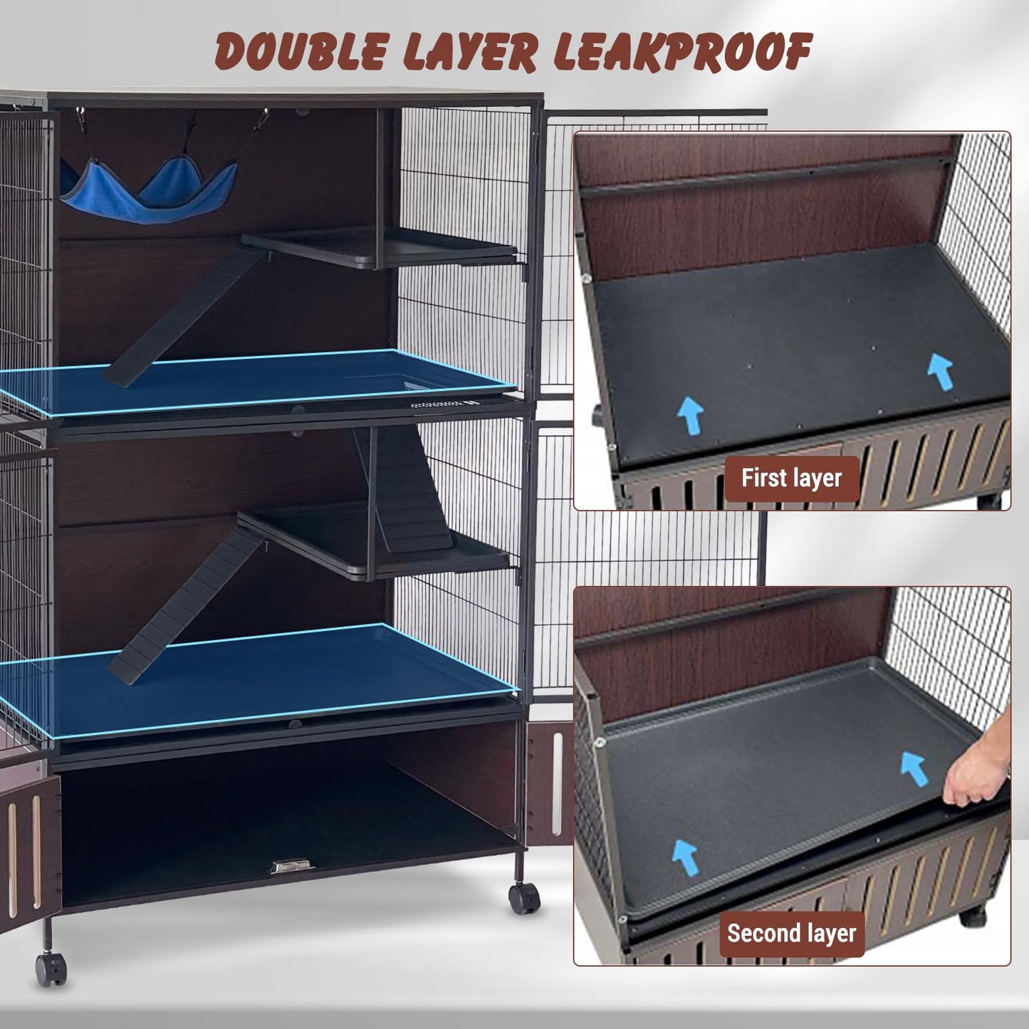 60" Large Ferret Cage, Multi-Level Small Animal Mansion with 4 Wheels, 3 Metal Ramps & Hammock for Chinchillas, Rabbits, Guinea Pigs, Includes PP Trays & Storage Cabinet