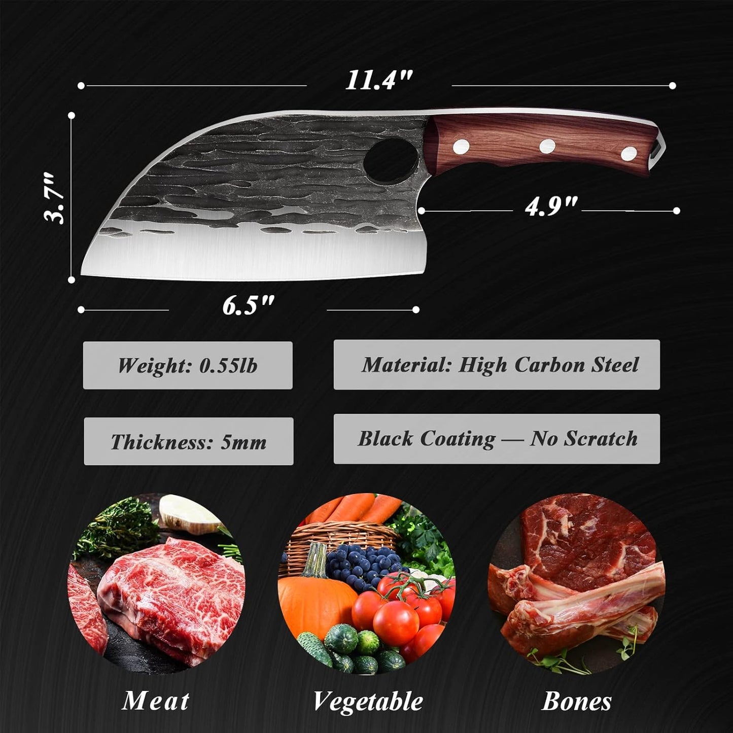 ROCOCO 6.5" Serbian Chef Knife, Full Tang Japanese Butcher Knife with Sheath for Kitchen, Outdoor BBQ, Camping Gift