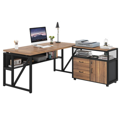 Tribesigns 63" Executive with Drawer Cabinet, L Shaped Desk and Lock lateral File Cabinet, 2 Piece Home Office Furniture Set with Drawers for Hanging File, (Brown, 63 inches)