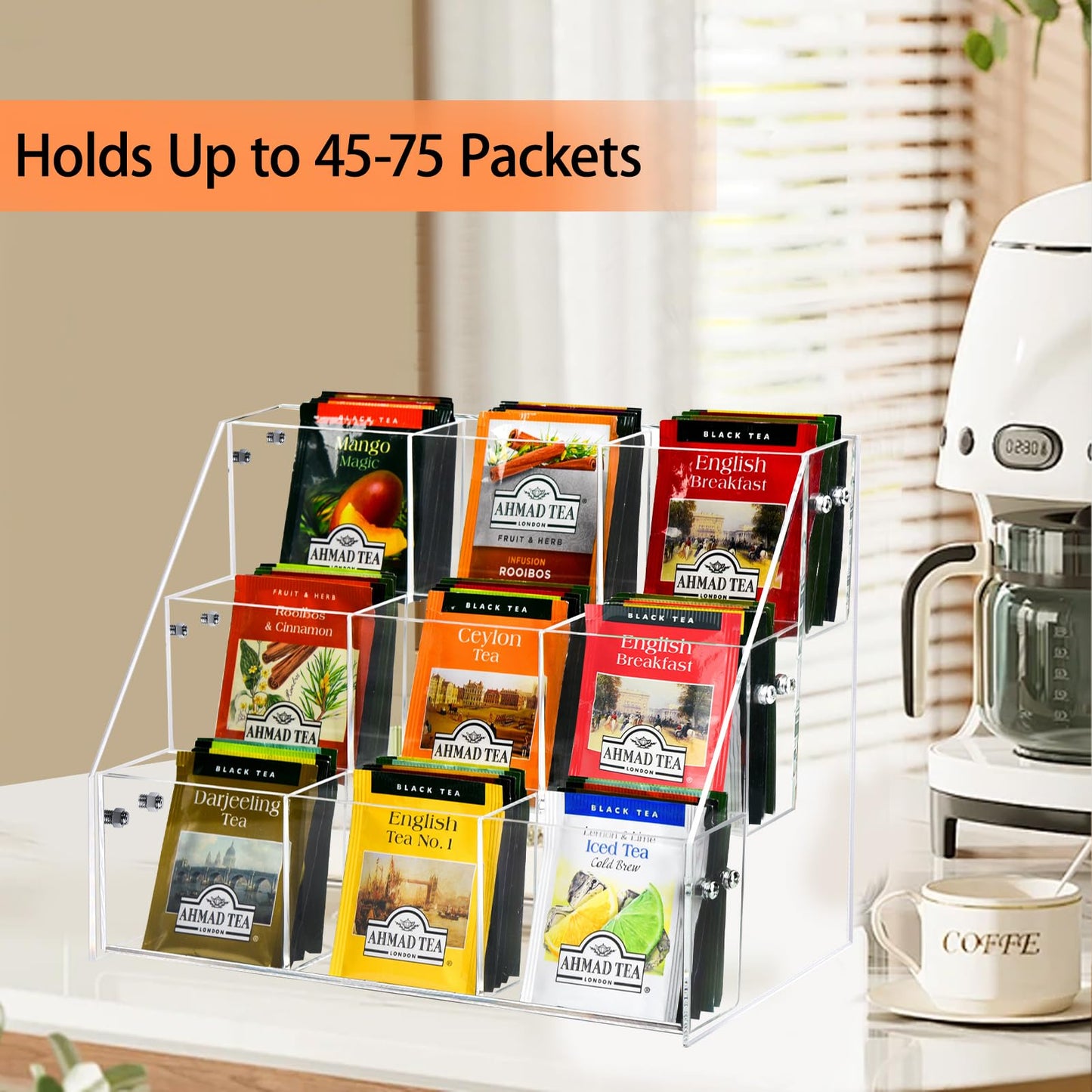 Wuudy Tea Bag Organizer Holder, Acrylic Tea Packets Storage Box Container Display Stand Rack for Counter Cabinet Countertop Kitchen Office, 3 Tier