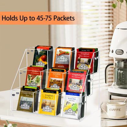 Wuudy Tea Bag Organizer Holder, Acrylic Tea Packets Storage Box Container Display Stand Rack for Counter Cabinet Countertop Kitchen Office, 3 Tier