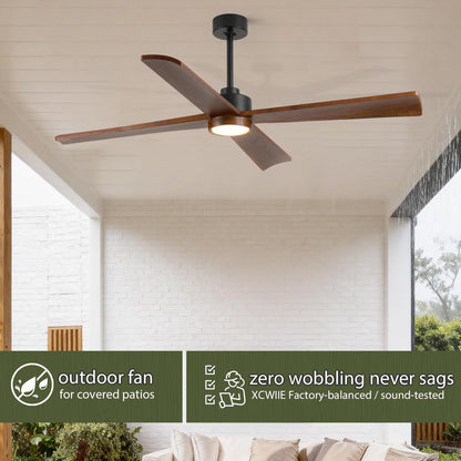 60 Inch Outdoor Smart Ceiling Fan with Light for Patio Damp Rated -High CFM Propeller 4 Wood Blades for Large Room, Rustic Farmhouse, Alexa/Tuya App/Remote Control, Quiet DC Motor, Porch, Gazebo