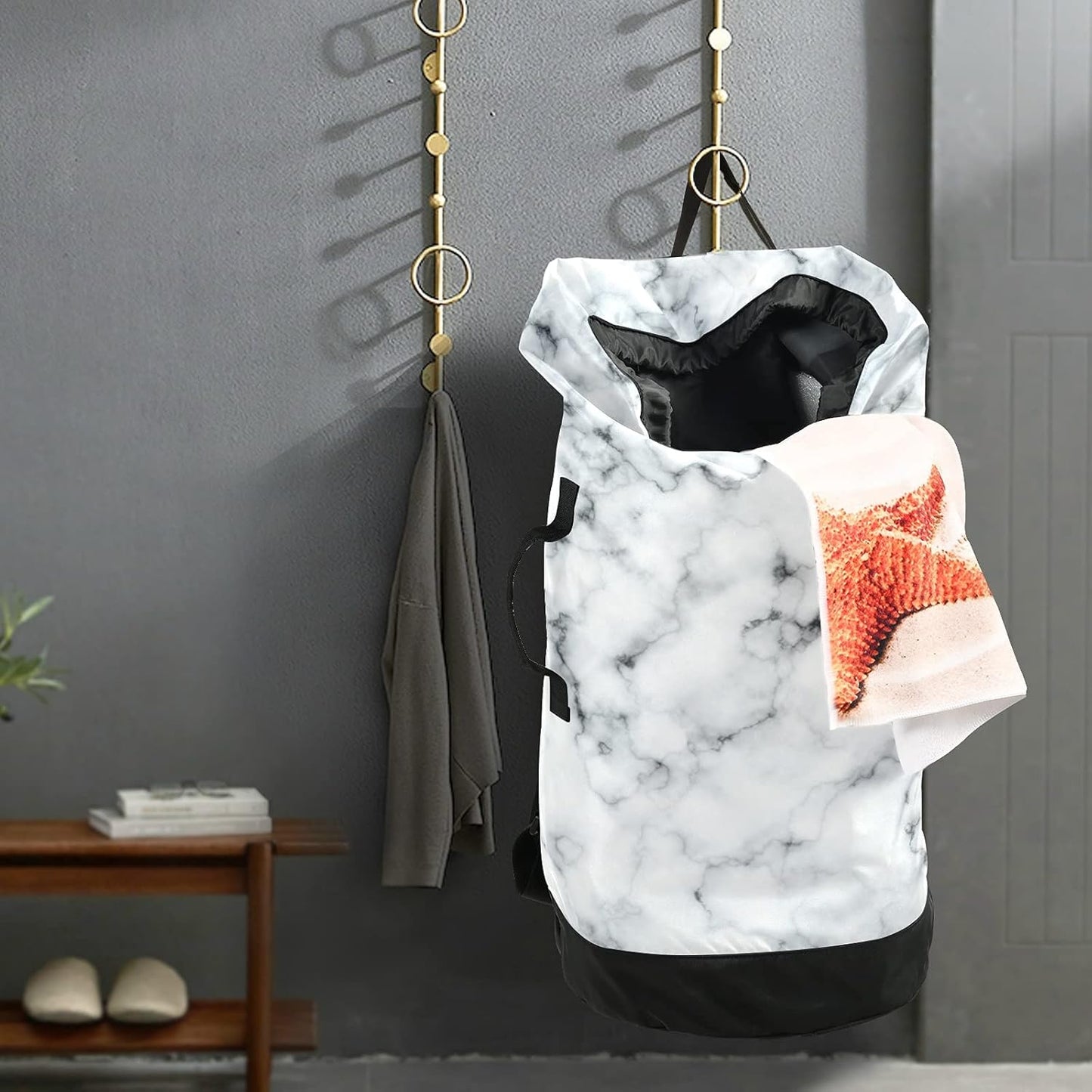 White Marble Laundry Bag, Large Heavy Duty Backpack for College Students, Washable with Shoulder Straps