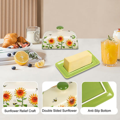 Butter Dish with Lid for Countertop, Sunflower Butter Keeper Holder, 7.5”x4.3” Large Ceramic Butter Tray Storage Sunflower Decor Valentine's Day Mother's Day Gifts