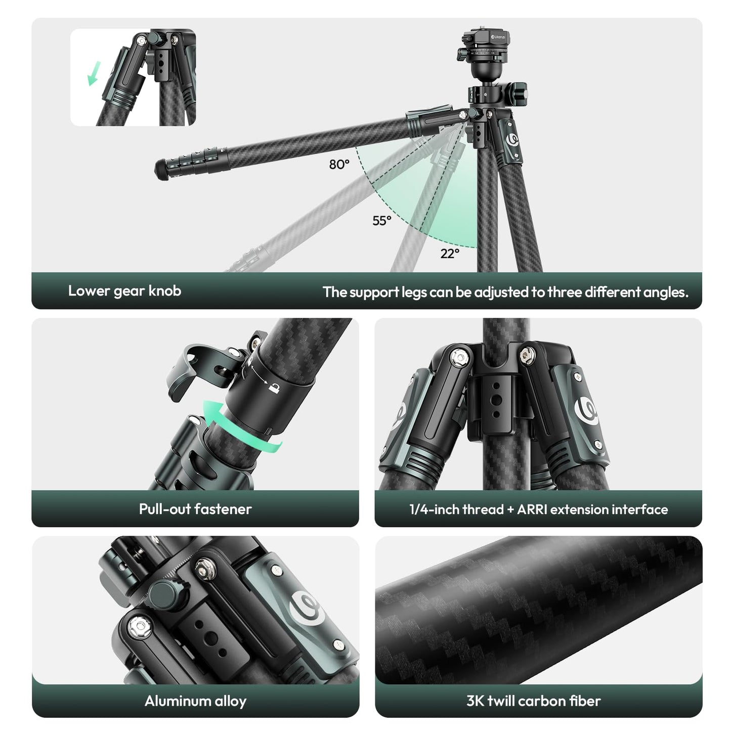 ULANZI JJ05 GlideGo Carbon Fiber Photo Tripod, Dual 360° Pan Head, 72.4 inch Max Height, 11 lb Load, UKA Quick Release, Professional Portable Lightweight Travel Tripod with Bag