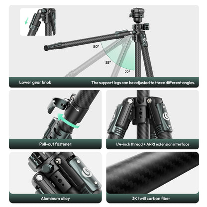 ULANZI JJ05 GlideGo Carbon Fiber Photo Tripod, Dual 360° Pan Head, 72.4 inch Max Height, 11 lb Load, UKA Quick Release, Professional Portable Lightweight Travel Tripod with Bag