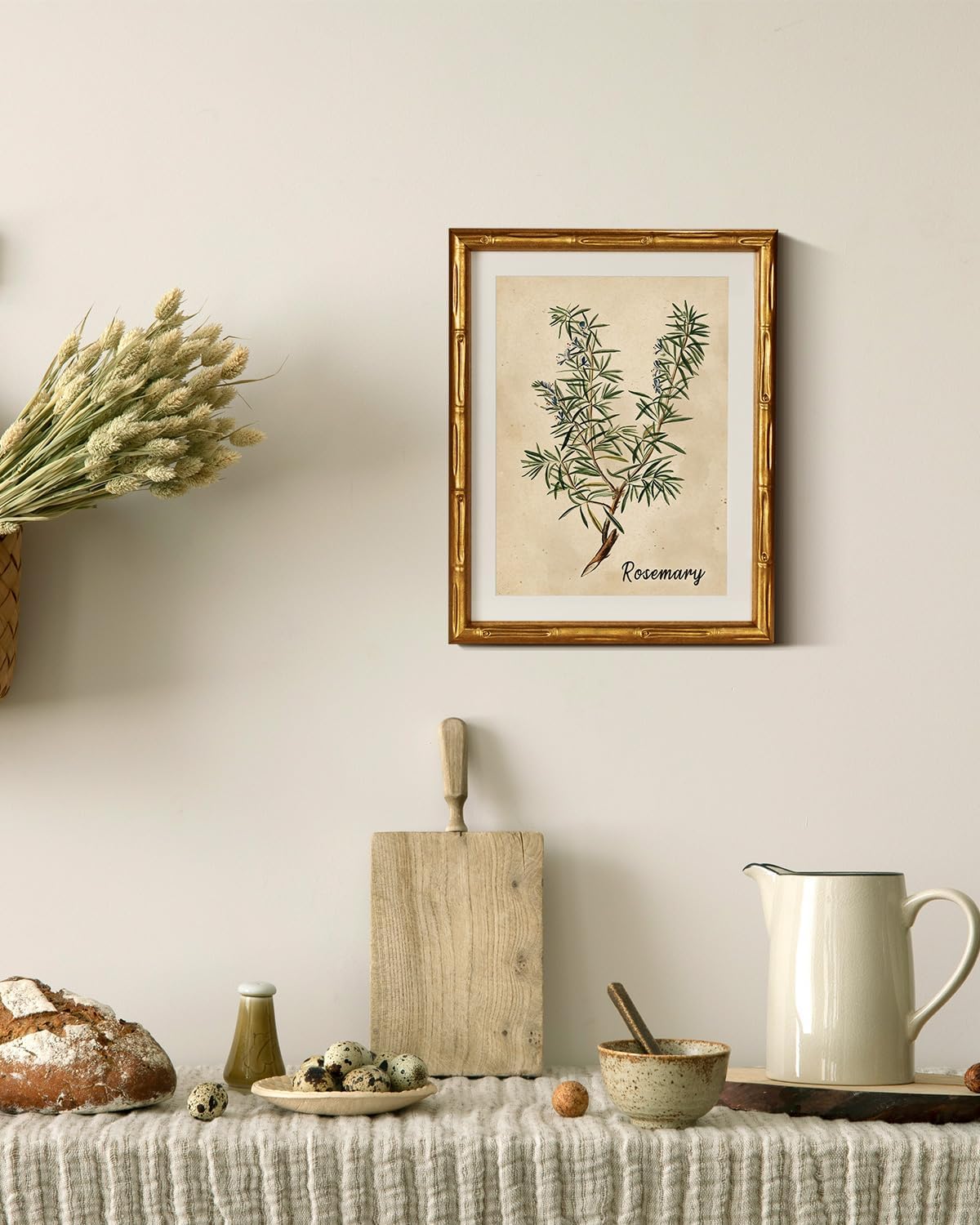 11x14inch InSimSea Gold Bamboo Framed Canvas Wall Art, Retro Herbs Rosemary Botanical Paintings, Antique Vintage
