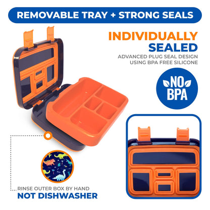 Dinosaur Bento Lunch Box for Boys Toddlers, 5 Portion Sections Secure Lid, Microwave Safe BPA Free Removable Plastic Tray, Pre-School Kid Daycare Lunches Snack Container Ages 3 to 7 Blue Orange