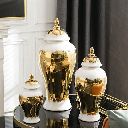 ZJYSMH decorative jars,ginger jar, Handcrafted Ginger Jar Ceramic White and Gold Vase Temple Jar for Weddings Office Party Living Room Home (Size : L)