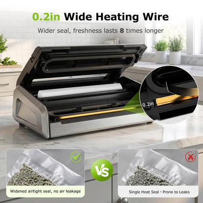 Bonsenkitchen Vacuum Sealer for Food, One-Hand Operation Food Vacuum Sealer Machine with Digital Timer, 0.2-inch wider seal, Built-in Cutter and Bag Storage for Meal Prep, 1 Roll Bag & 10 Pre-Cut Bags
