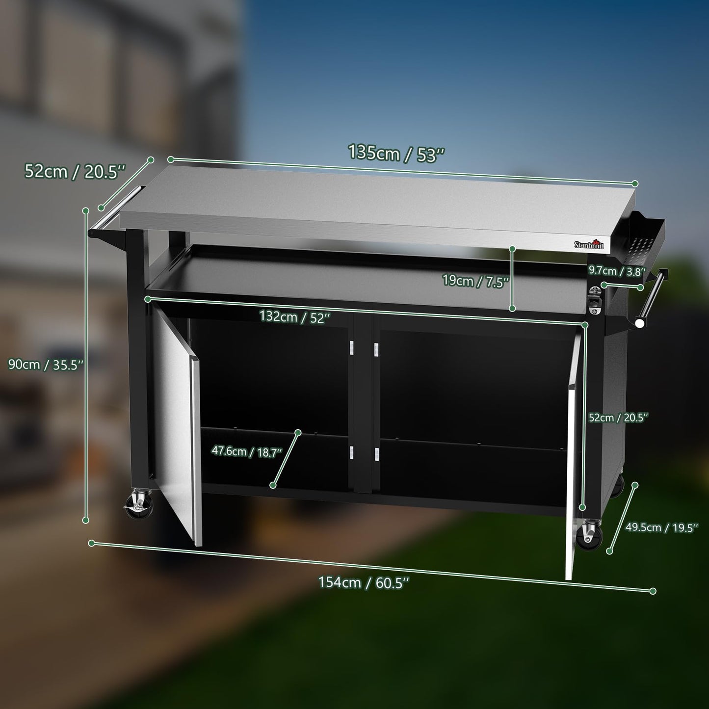 Stanbroil Rolling Outdoor Kitchen Island, BBQ Grill Cart with Stainless Steel Table Top, Double-Door Storage Cabinet & Pull-Out Shelf, Grill Table Cart for Outdoor Indoor, Large