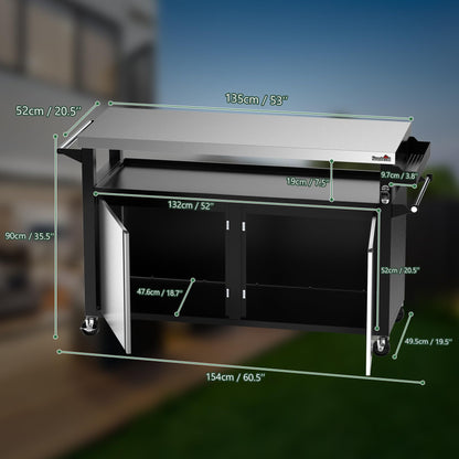 Stanbroil Rolling Outdoor Kitchen Island, BBQ Grill Cart with Stainless Steel Table Top, Double-Door Storage Cabinet & Pull-Out Shelf, Grill Table Cart for Outdoor Indoor, Large