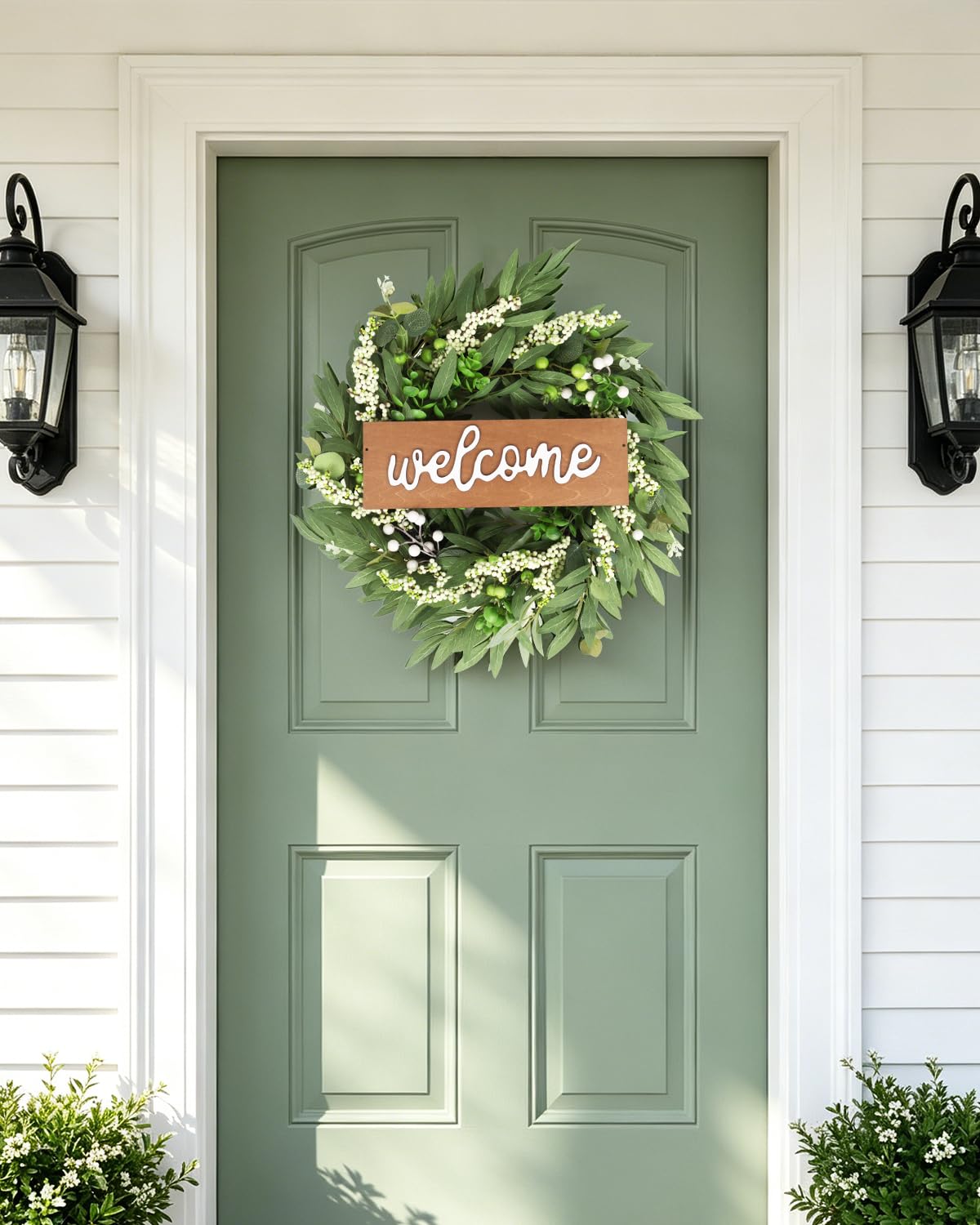 20in Wreath for Front Door,Spring Wreaths with Welcome,Greenery Summer Wreath for All Season,Farmhouse, Outdoor, Porch, Garden, Wedding Decor