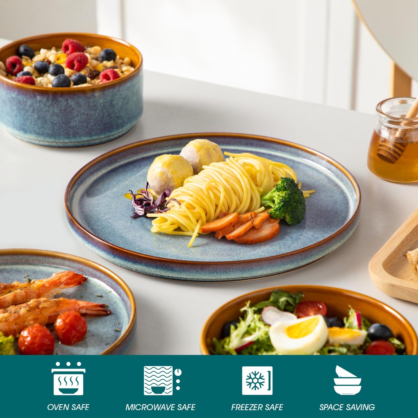 vancasso ONION Ceramic Dinnerware Sets, 12 Pieces Stoneware Plates and Bowls Sets for 4, Reactive Glaze Dishes Set for Kitchen, Dishwasher and Microwave Safe, Blue