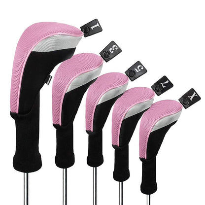 Andux 5pcs/Set Mesh Golf 460cc Driver Fairway Wood Club Head Covers Long Neck with No. Tags Black/Pink