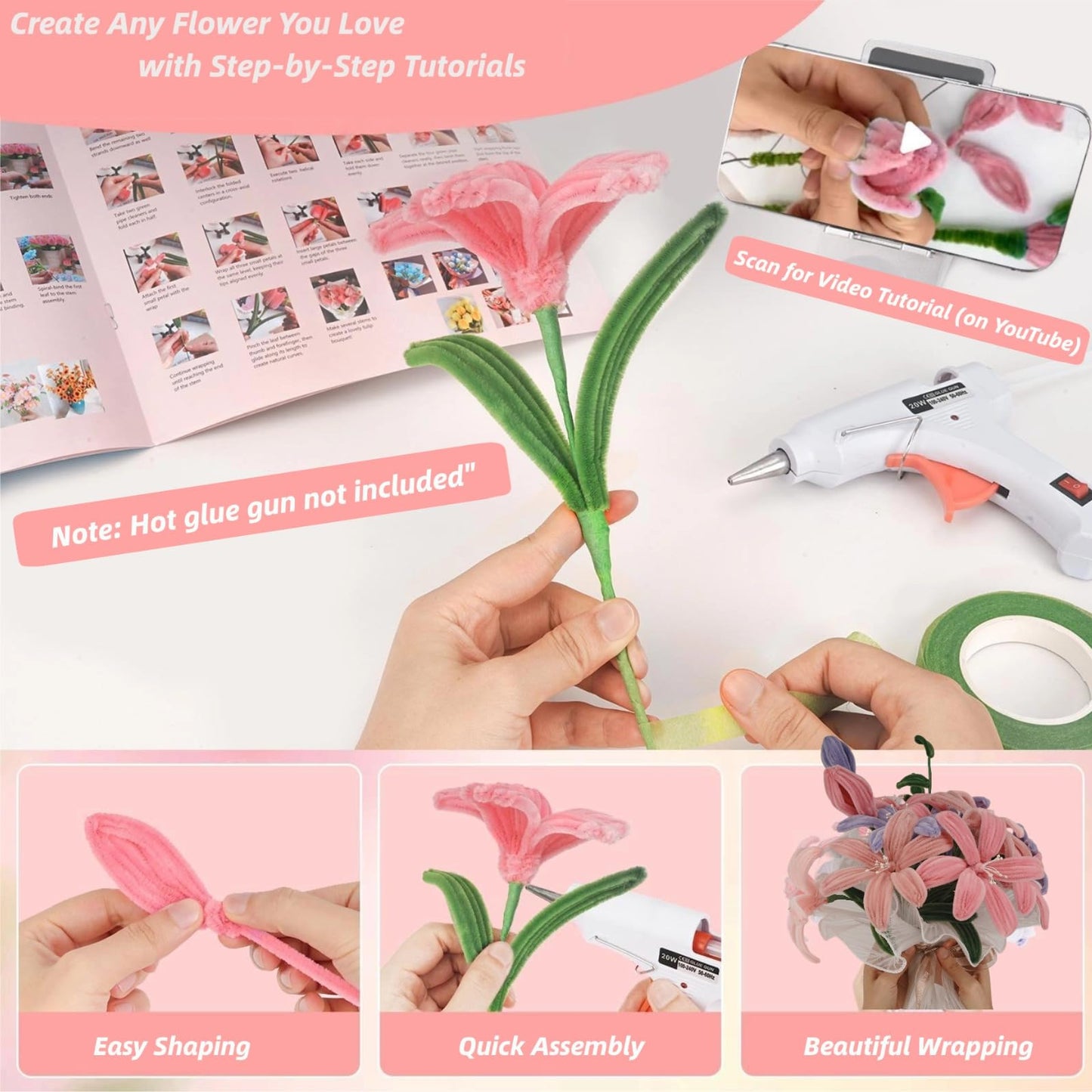 SZXYMUQI 500pcs Pipe Cleaners Craft Kit, 20 Stems DIY Carnation with Wave Gauze & Ribbon - Non Shedding Chenille Stems for Floral Arrangement - Mother's Day Bouquet Crafts for Adult Women