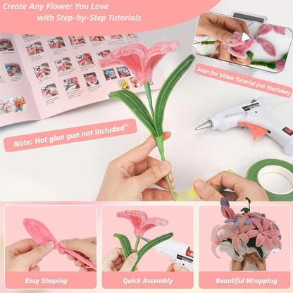 SZXYMUQI 500pcs Pipe Cleaners Craft Kit, 20 Stems DIY Carnation with Wave Gauze & Ribbon - Non Shedding Chenille Stems for Floral Arrangement - Mother's Day Bouquet Crafts for Adult Women