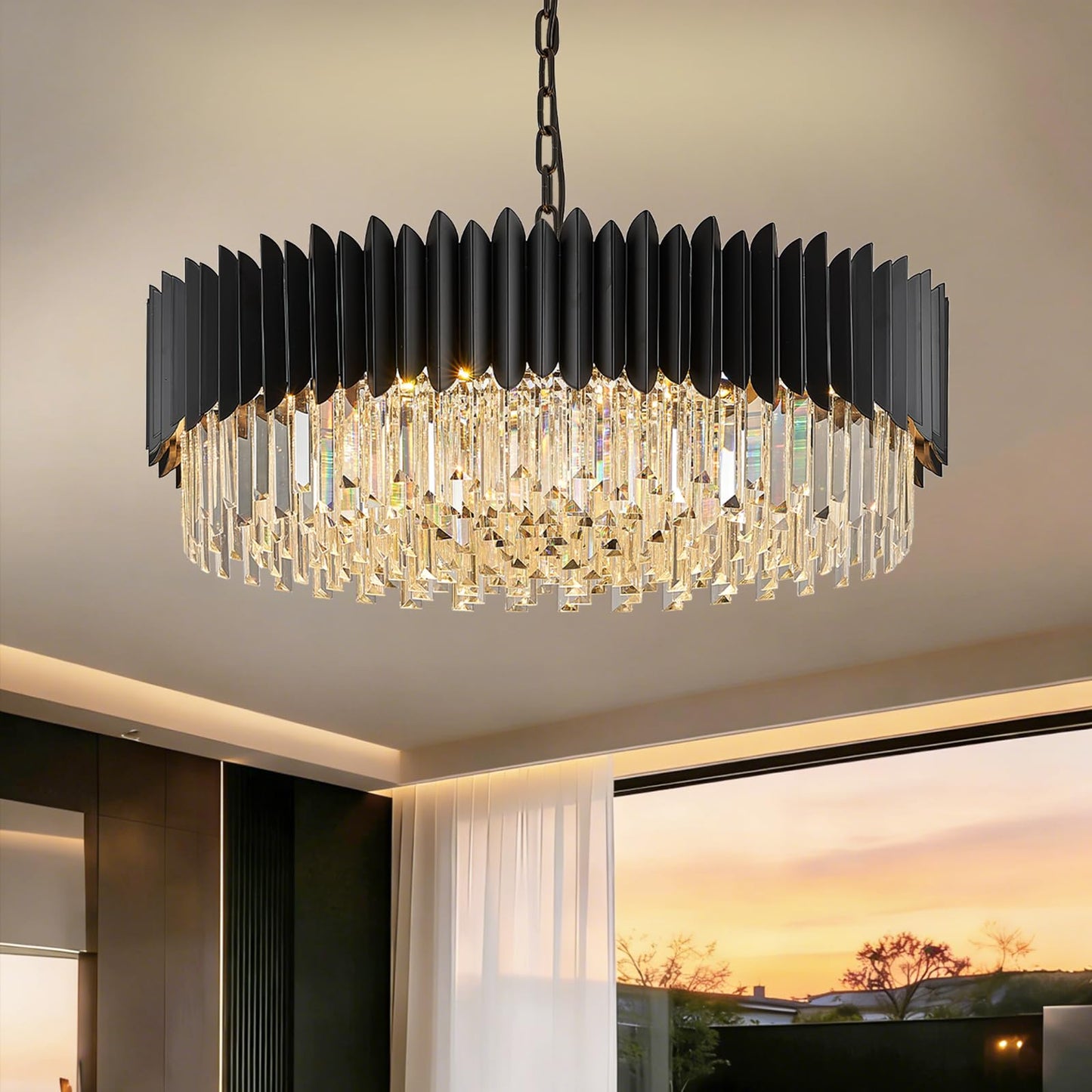 YOLIZUOT Black Crystal Chandelier 30'' K9 Crystal Round Pendant Lights Adjustable 6-Tier Large Modern Crystal Chandelier Light 12-Lights for Dining Room Living Room Kitchen Foyer Entryway