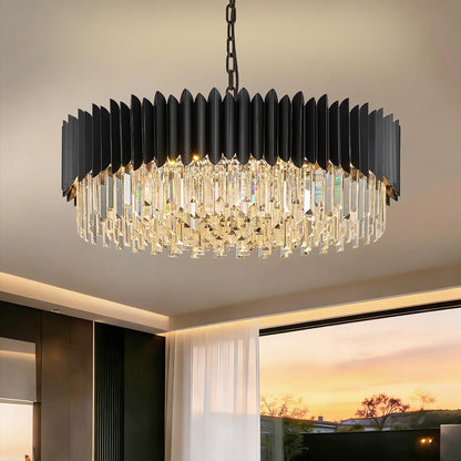 YOLIZUOT Black Crystal Chandelier 30'' K9 Crystal Round Pendant Lights Adjustable 6-Tier Large Modern Crystal Chandelier Light 12-Lights for Dining Room Living Room Kitchen Foyer Entryway