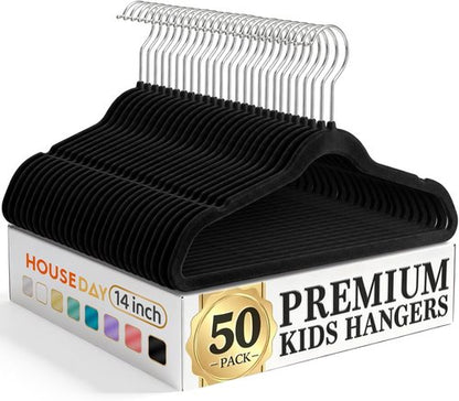 HOUSE DAY 14-Inch Kids Velvet Hangers - Durable Non-Slip Felt Hangers for Youth & Teens | 50 Pack, Black